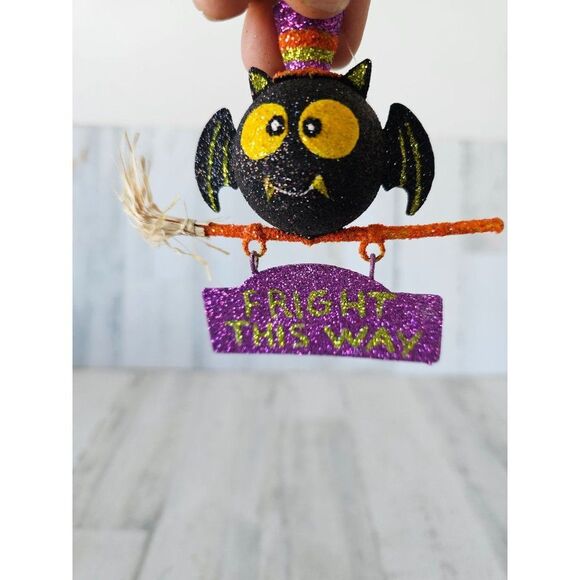 Pier 1 glitter owl ornament Halloween fright broom rare vintage décor - Picture 2 of 8